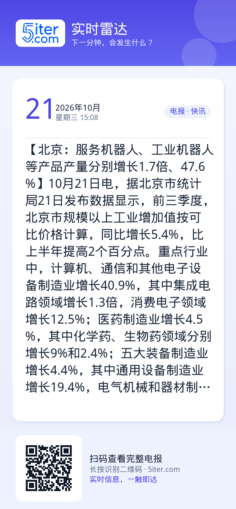 【北京：服务机器人、工业机器人等产品产量分别增长1.7倍、47.6%】10月21日电，据北京市统计局21日发布数据显示，
