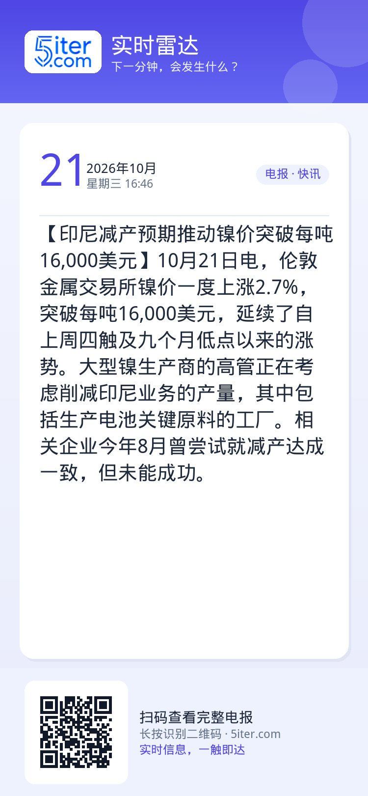 【印尼减产预期推动镍价突破每吨16,000美元】10月21日电，伦敦金属交易所镍价一度上涨2.7%，突破每吨16,000