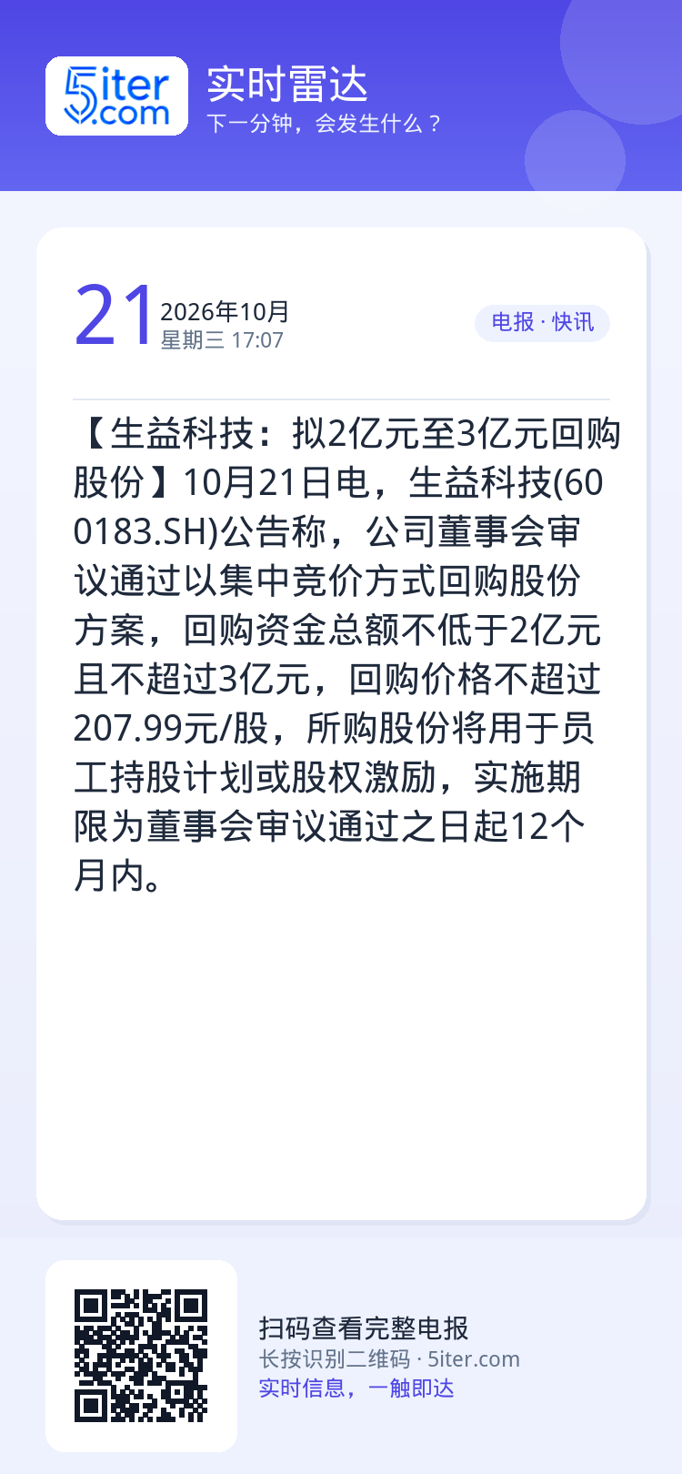 【生益科技：拟2亿元至3亿元回购股份】10月21日电，生益科技(600183.SH)公告称，公司董事会审议通过以集中竞价