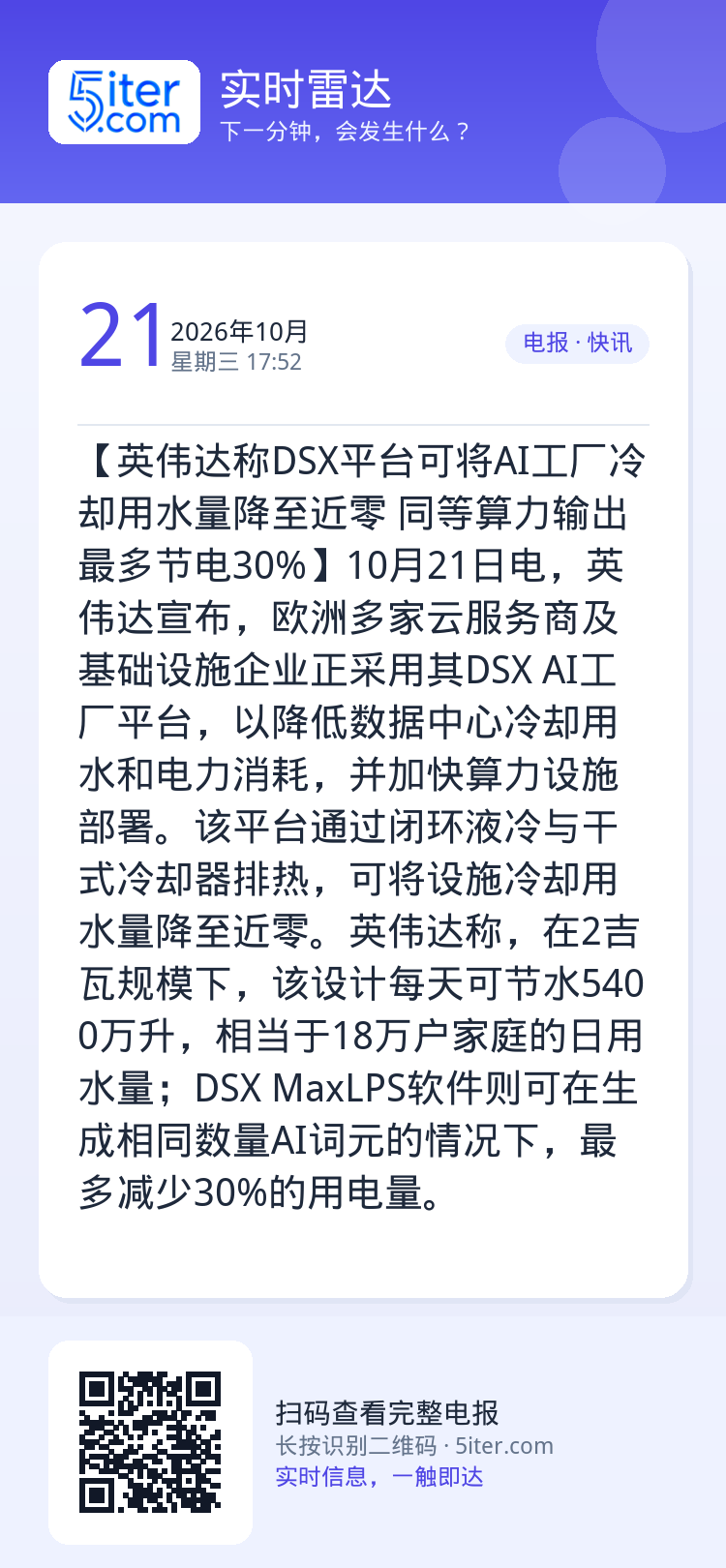 【英伟达称DSX平台可将AI工厂冷却用水量降至近零 同等算力输出最多节电30%】10月21日电，英伟达宣布，欧洲多家云服