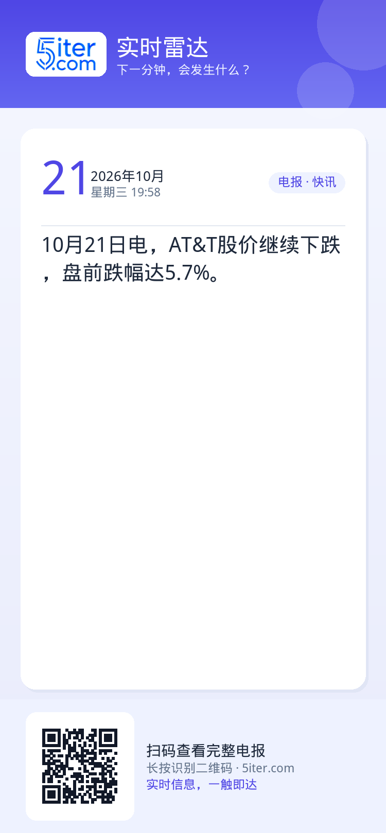 10月21日电，AT&T股价继续下跌，盘前跌幅达5.7%。