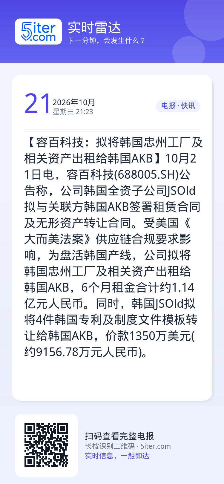 【容百科技：拟将韩国忠州工厂及相关资产出租给韩国AKB】10月21日电，容百科技(688005.SH)公告称，公司韩国全