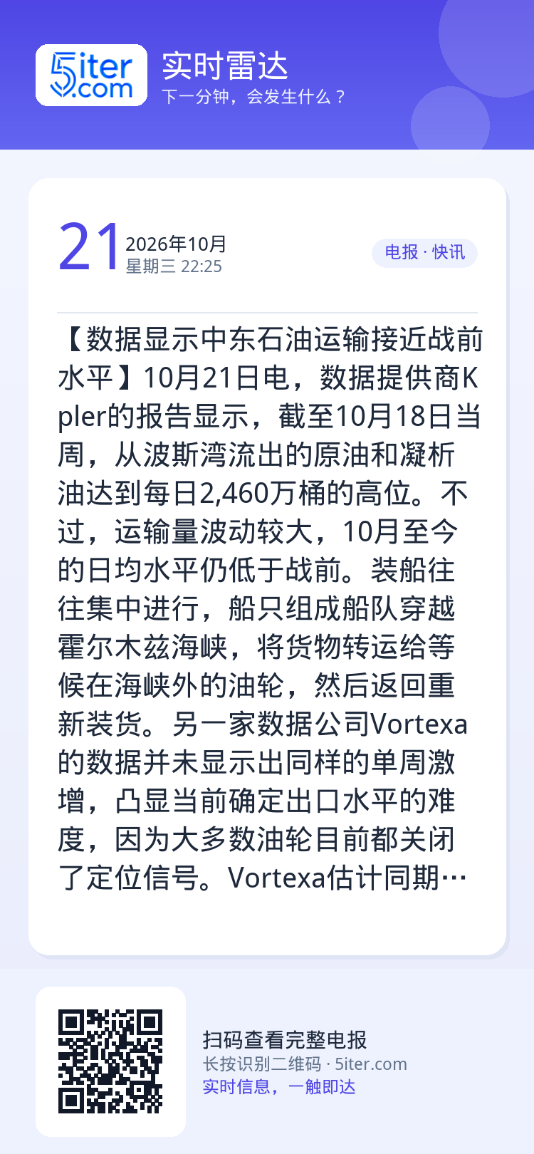 【数据显示中东石油运输接近战前水平】10月21日电，数据提供商Kpler的报告显示，截至10月18日当周，从波斯湾流出的