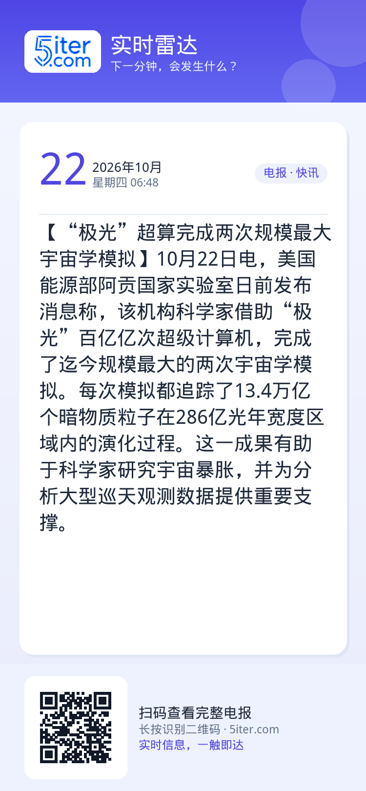 【“极光”超算完成两次规模最大宇宙学模拟】10月22日电，美国能源部阿贡国家实验室日前发布消息称，该机构科学家借助“极光