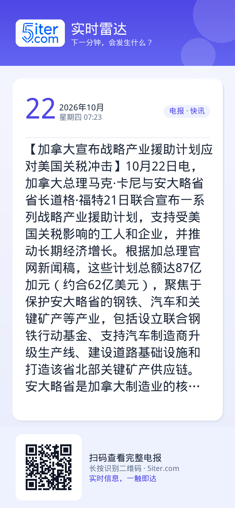 【加拿大宣布战略产业援助计划应对美国关税冲击】10月22日电，加拿大总理马克·卡尼与安大略省省长道格·福特21日联合宣布