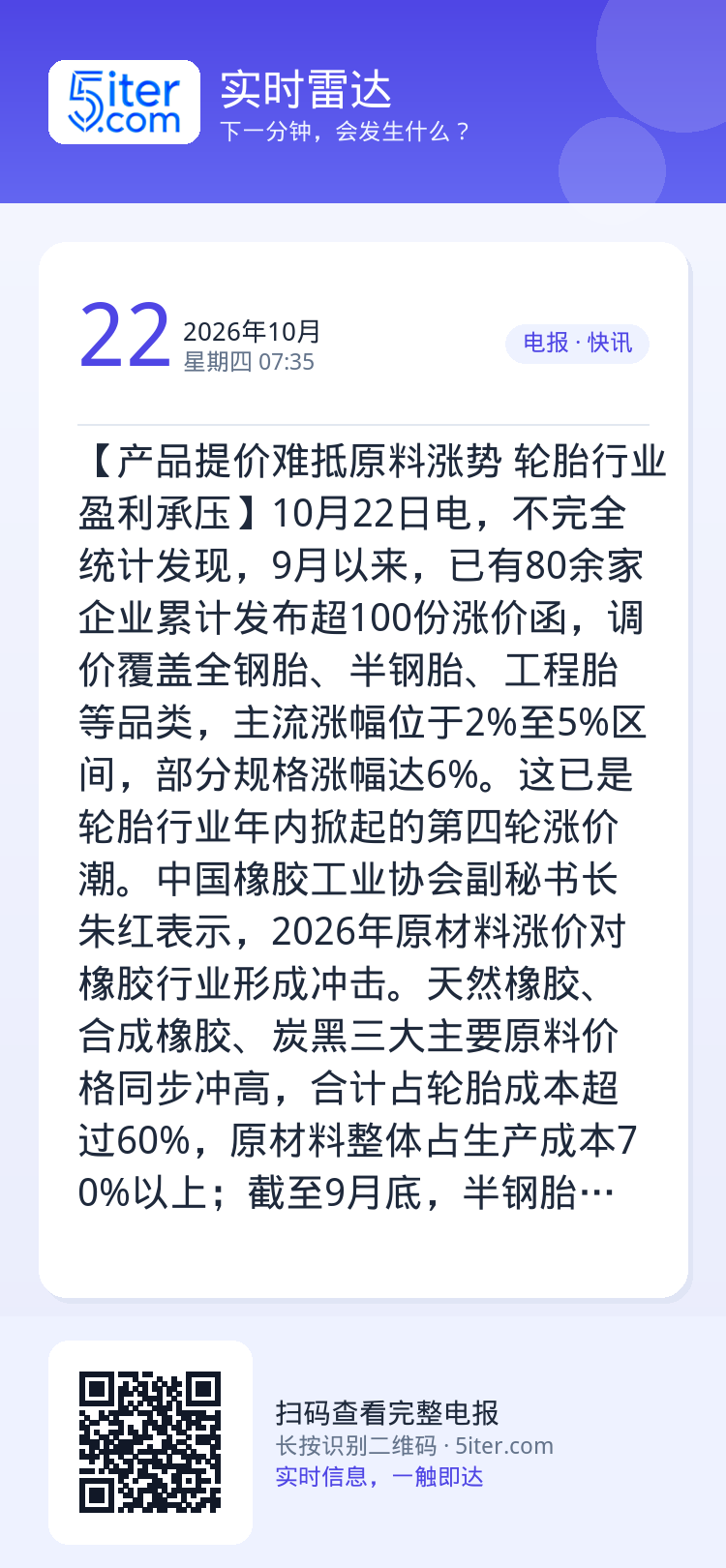 【产品提价难抵原料涨势 轮胎行业盈利承压】10月22日电，不完全统计发现，9月以来，已有80余家企业累计发布超100份涨