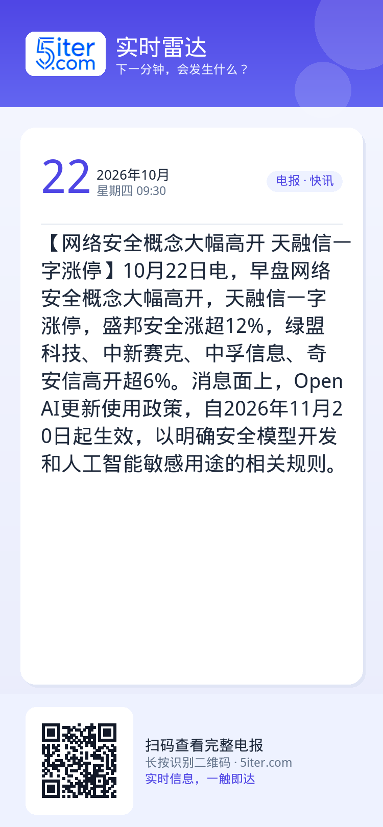 【网络安全概念大幅高开 天融信一字涨停】10月22日电，早盘网络安全概念大幅高开，天融信一字涨停，盛邦安全涨超12%，绿