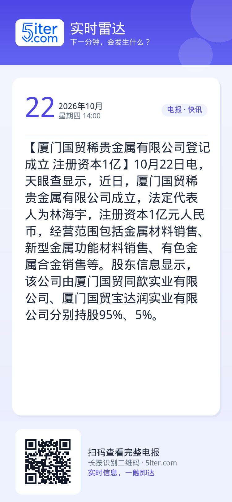 【厦门国贸稀贵金属有限公司登记成立 注册资本1亿】10月22日电，天眼查显示，近日，厦门国贸稀贵金属有限公司成立，法定代