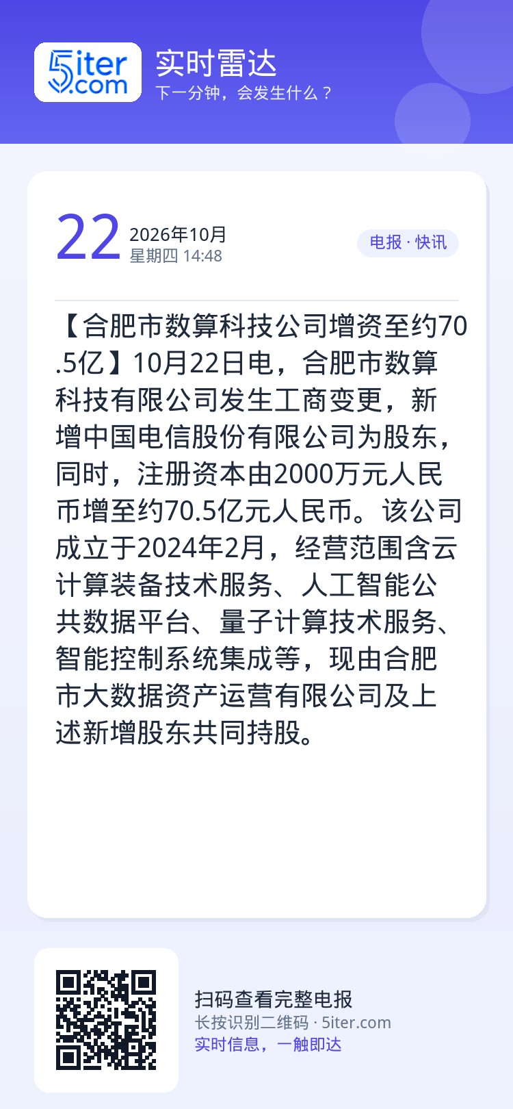 【合肥市数算科技公司增资至约70.5亿】10月22日电，合肥市数算科技有限公司发生工商变更，新增中国电信股份有限公司为股