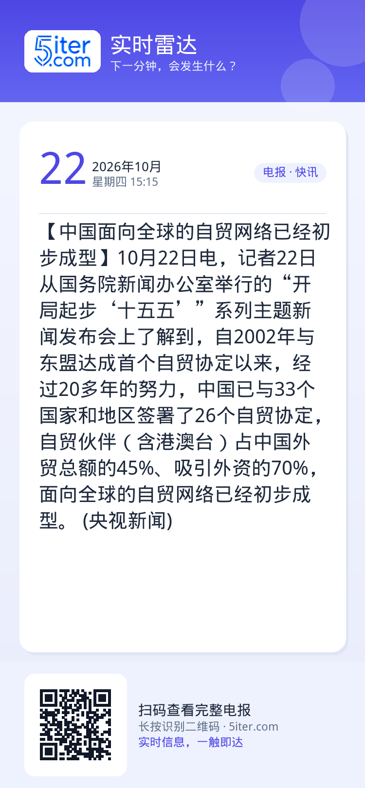 【中国面向全球的自贸网络已经初步成型】10月22日电，记者22日从国务院新闻办公室举行的“开局起步‘十五五’”系列主题新