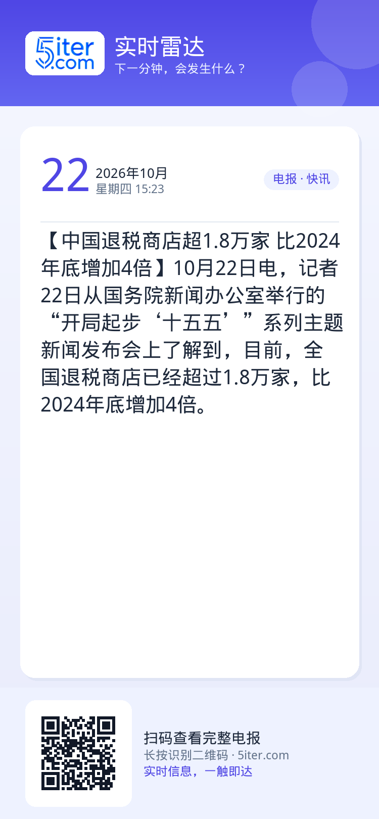 【中国退税商店超1.8万家 比2024年底增加4倍】10月22日电，记者22日从国务院新闻办公室举行的“开局起步‘十五五