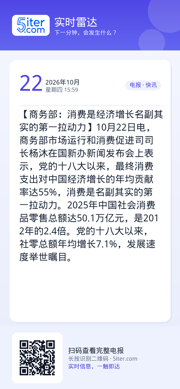 【商务部：消费是经济增长名副其实的第一拉动力】10月22日电，商务部市场运行和消费促进司司长杨沐在国新办新闻发布会上表示