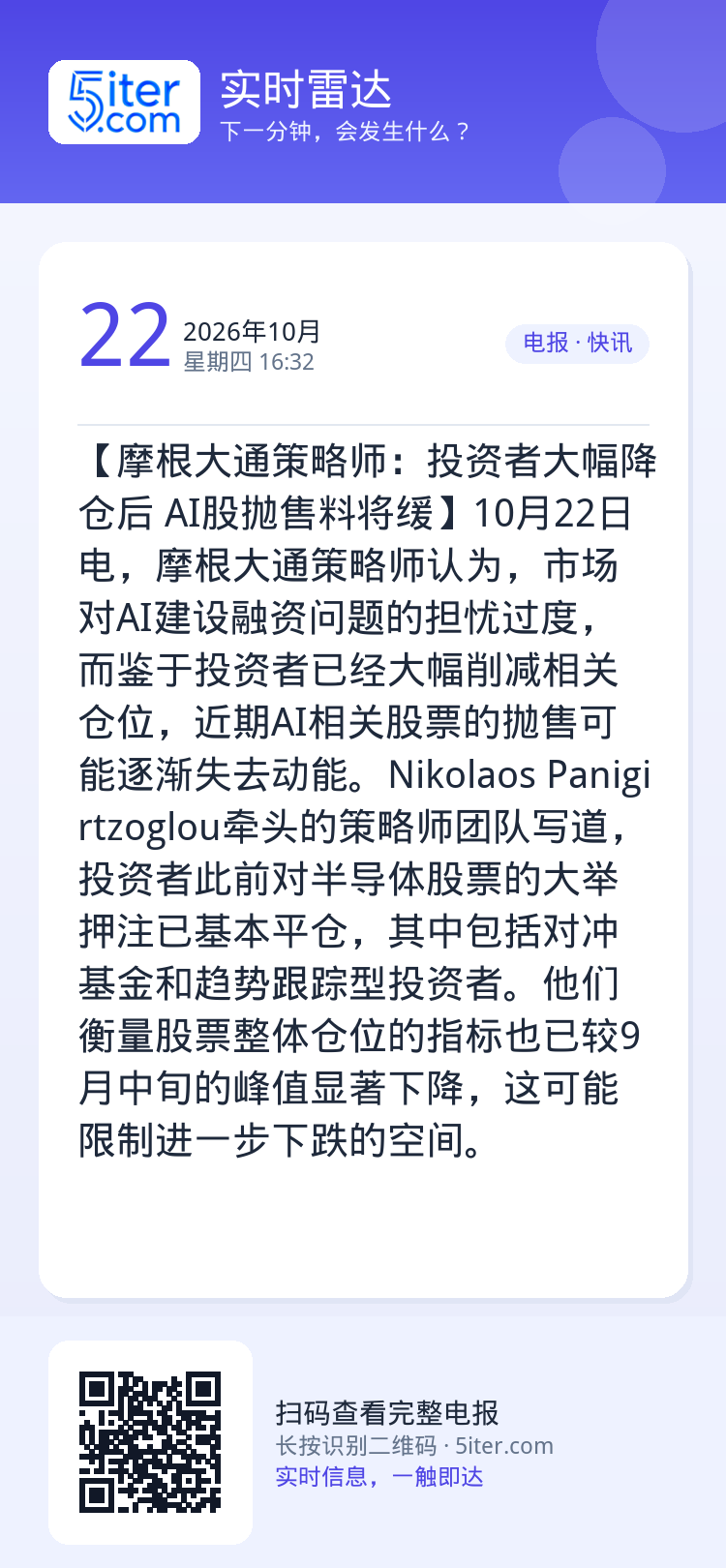 【摩根大通策略师：投资者大幅降仓后 AI股抛售料将缓】10月22日电，摩根大通策略师认为，市场对AI建设融资问题的担忧过