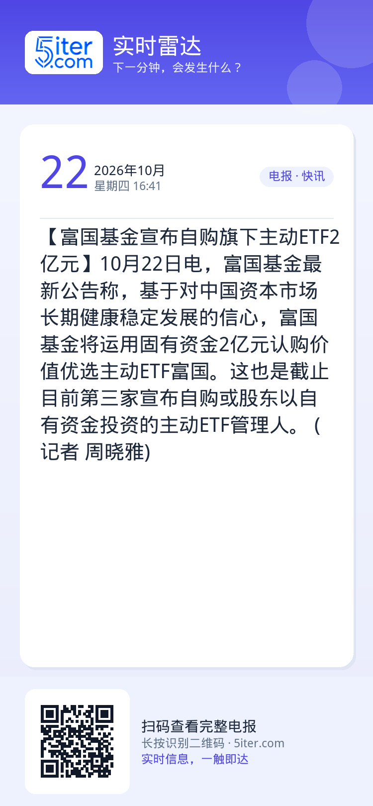 【富国基金宣布自购旗下主动ETF2亿元】10月22日电，富国基金最新公告称，基于对中国资本市场长期健康稳定发展的信心，富