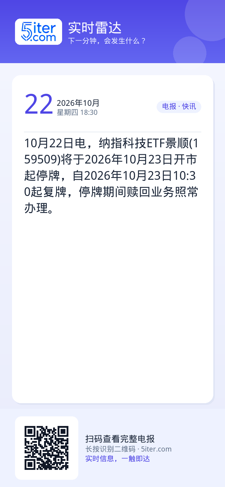 10月22日电，纳指科技ETF景顺(159509)将于2026年10月23日开市起停牌，自2026年10月23日10:3