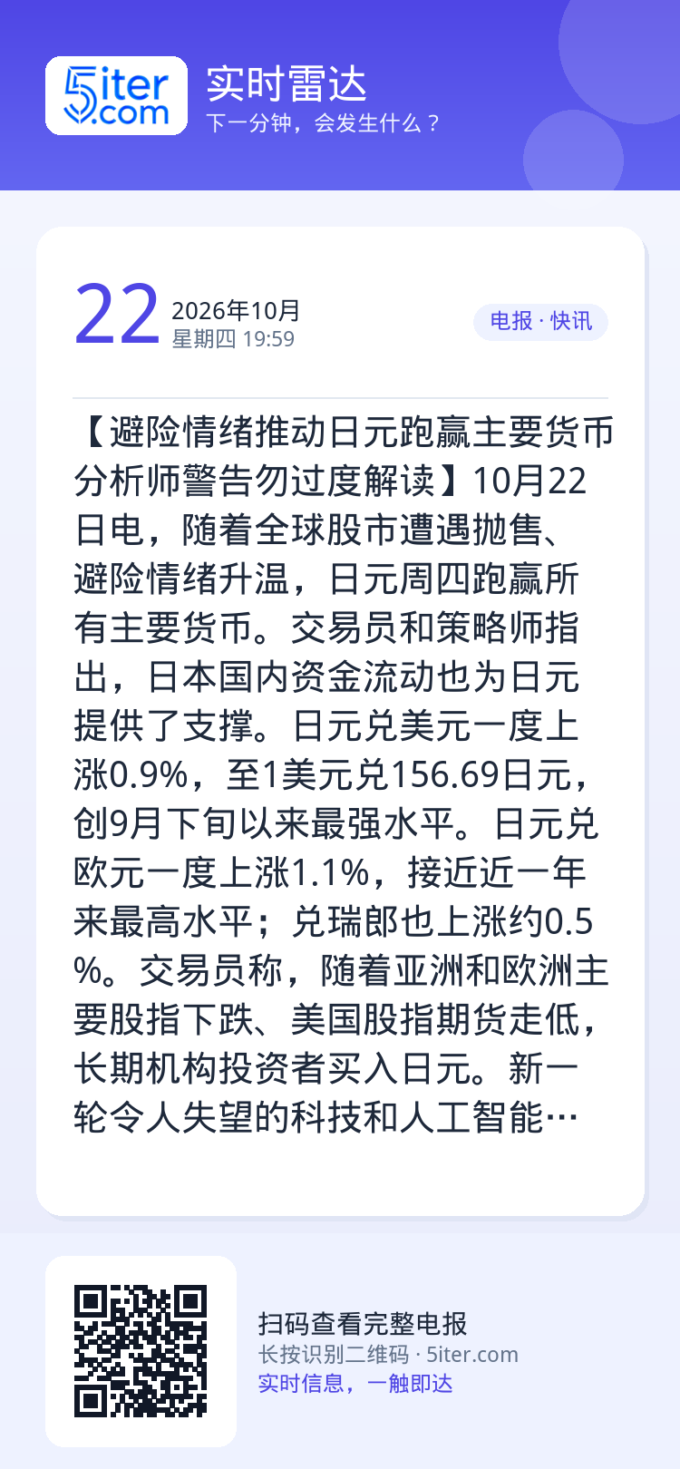 【避险情绪推动日元跑赢主要货币 分析师警告勿过度解读】10月22日电，随着全球股市遭遇抛售、避险情绪升温，日元周四跑赢所