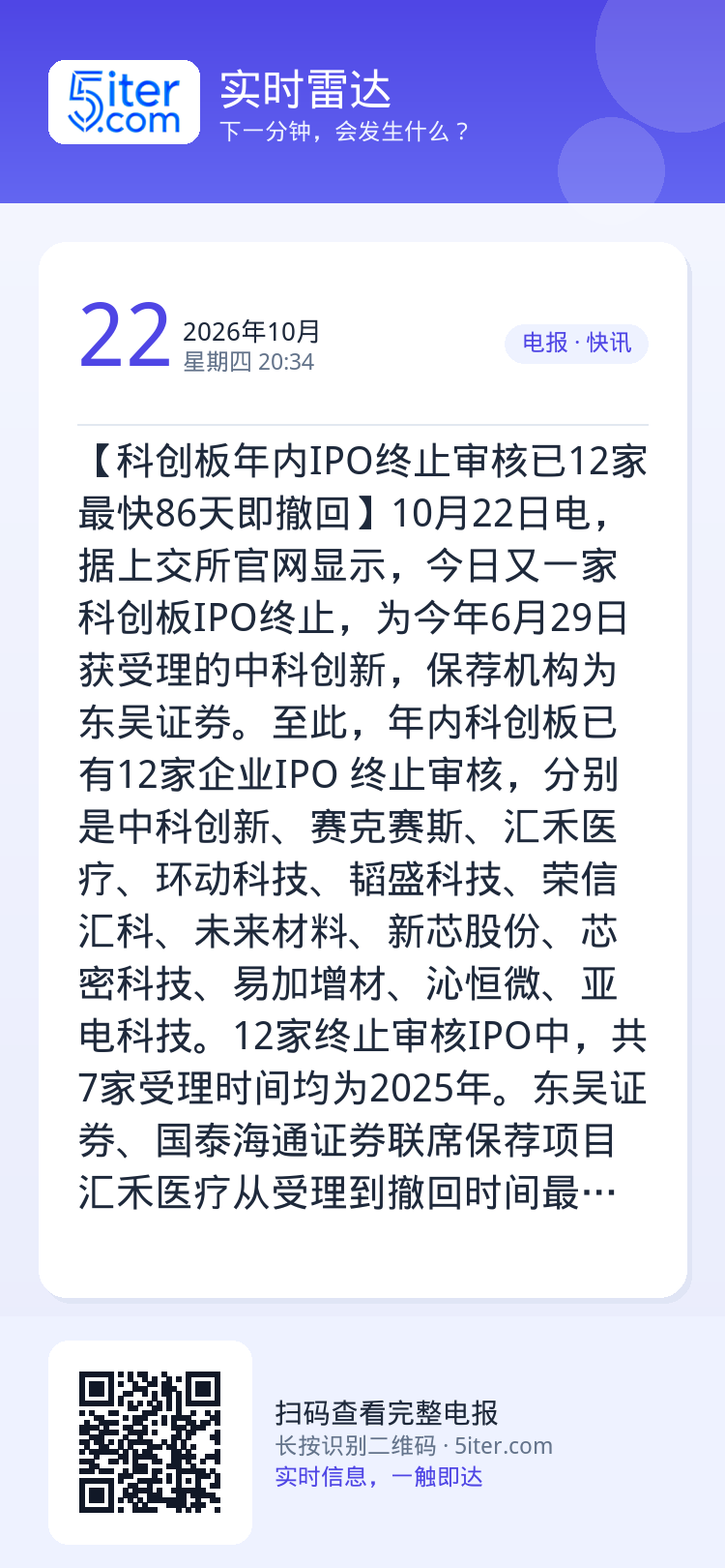 【科创板年内IPO终止审核已12家 最快86天即撤回】10月22日电，据上交所官网显示，今日又一家科创板IPO终止，为今