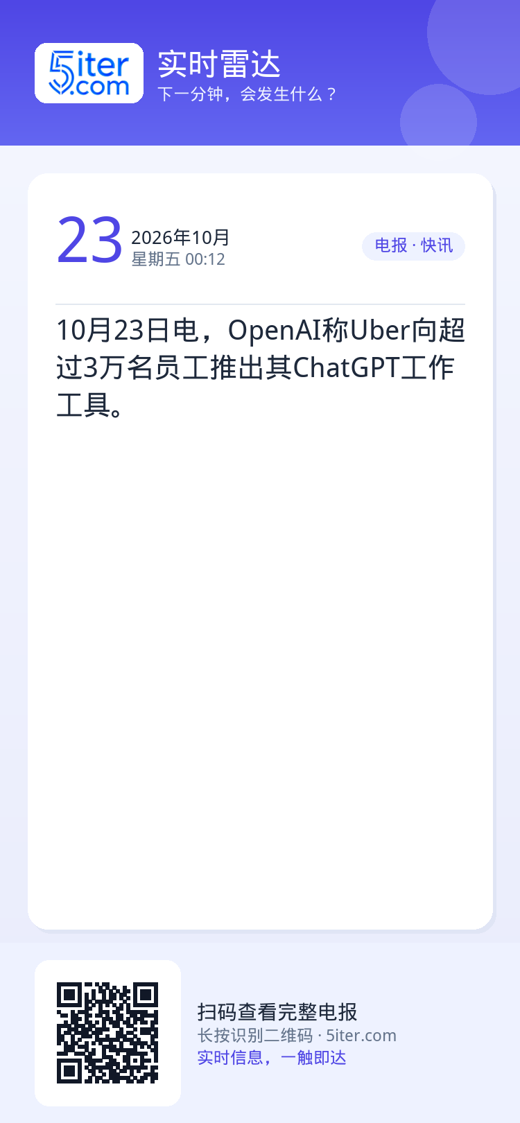 10月23日电，OpenAI称Uber向超过3万名员工推出其ChatGPT工作工具。