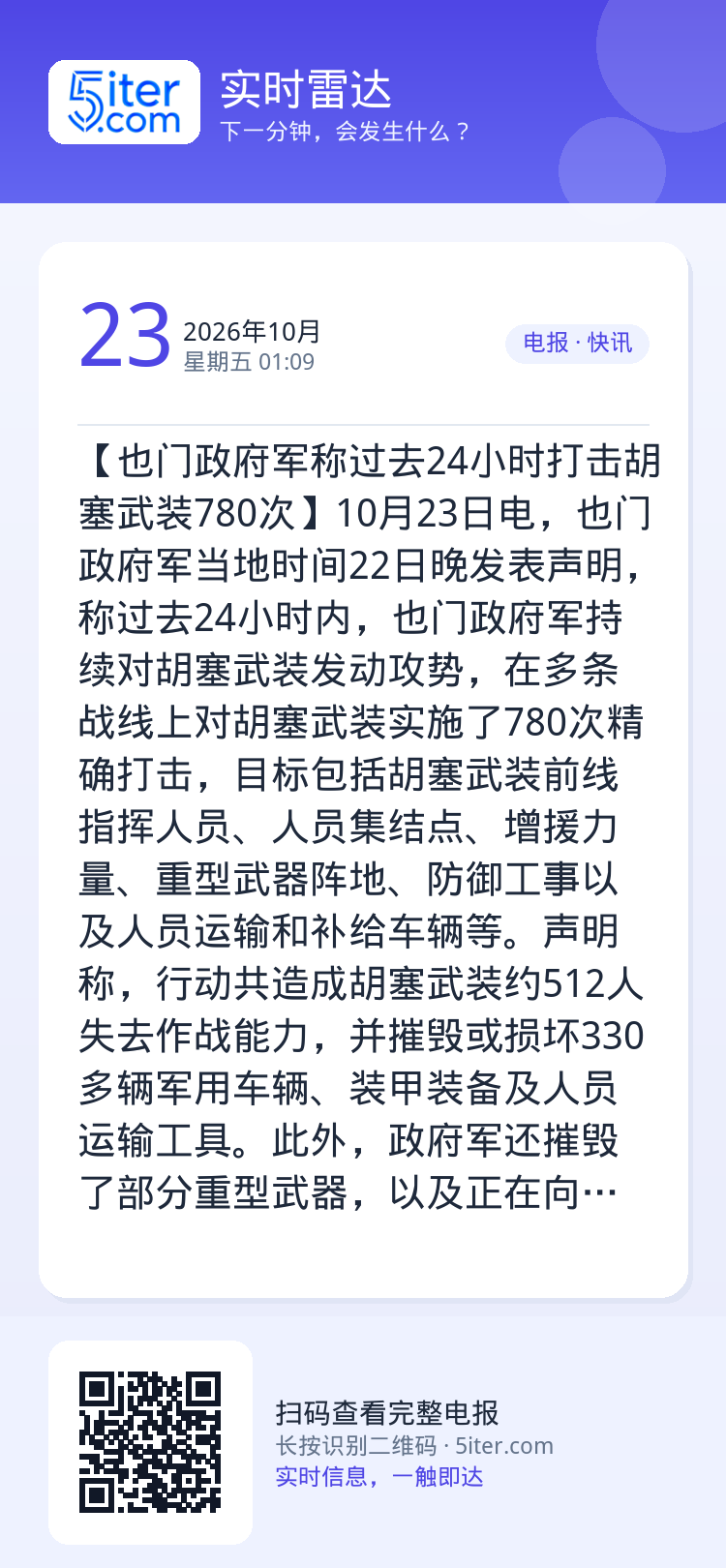 【也门政府军称过去24小时打击胡塞武装780次】10月23日电，也门政府军当地时间22日晚发表声明，称过去24小时内，也