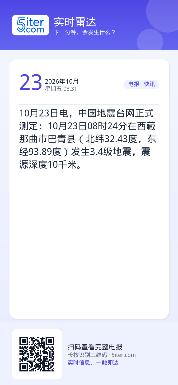 10月23日电，中国地震台网正式测定：10月23日08时24分在西藏那曲市巴青县（北纬32.43度，东经93.89度）发