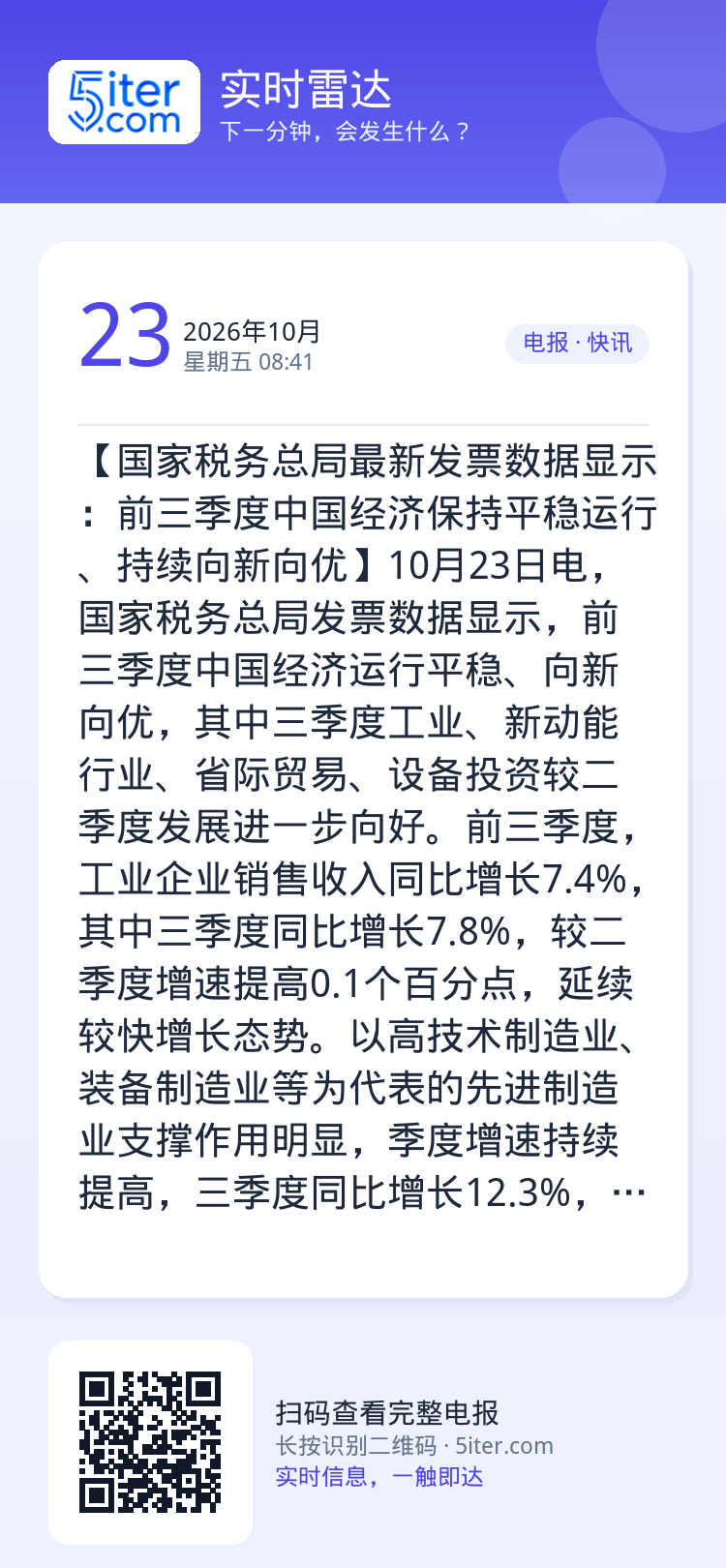 【国家税务总局最新发票数据显示：前三季度中国经济保持平稳运行、持续向新向优】10月23日电，国家税务总局发票数据显示，前