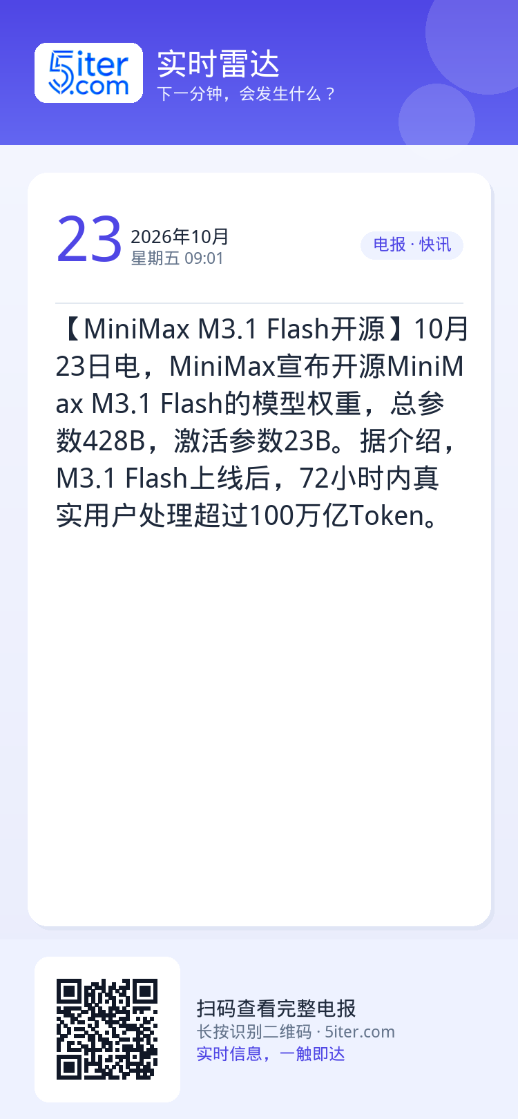 【MiniMax M3.1 Flash开源】10月23日电，MiniMax宣布开源MiniMax M3.1 Flash的