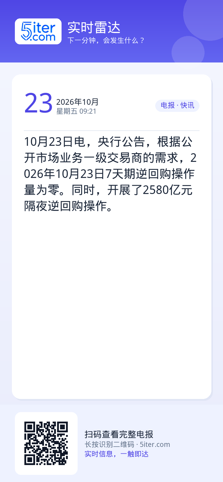 10月23日电，央行公告，根据公开市场业务一级交易商的需求，2026年10月23日7天期逆回购操作量为零。同时，开展了2