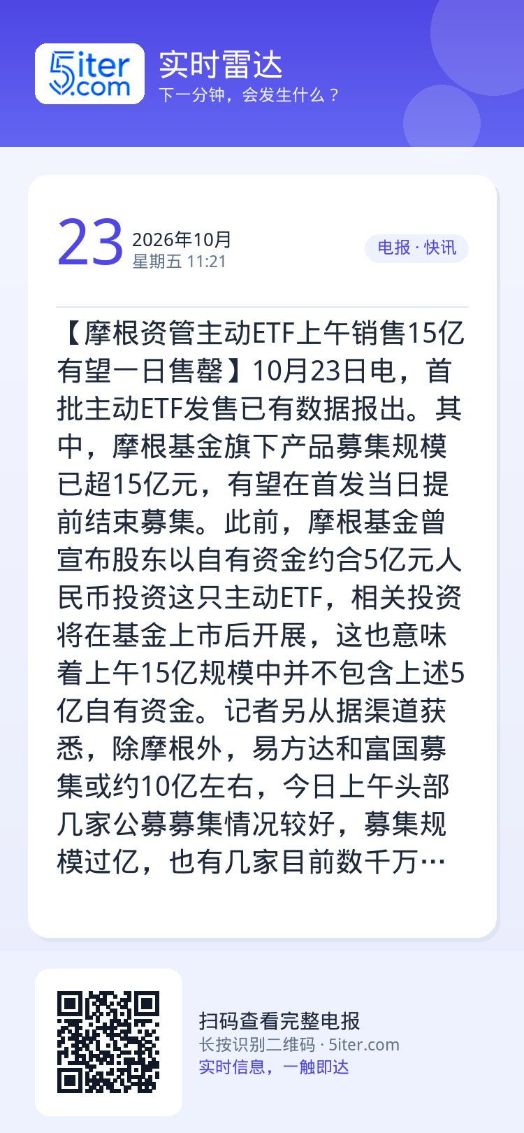 【摩根资管主动ETF上午销售15亿 有望一日售罄】10月23日电，首批主动ETF发售已有数据报出。其中，摩根基金旗下产品