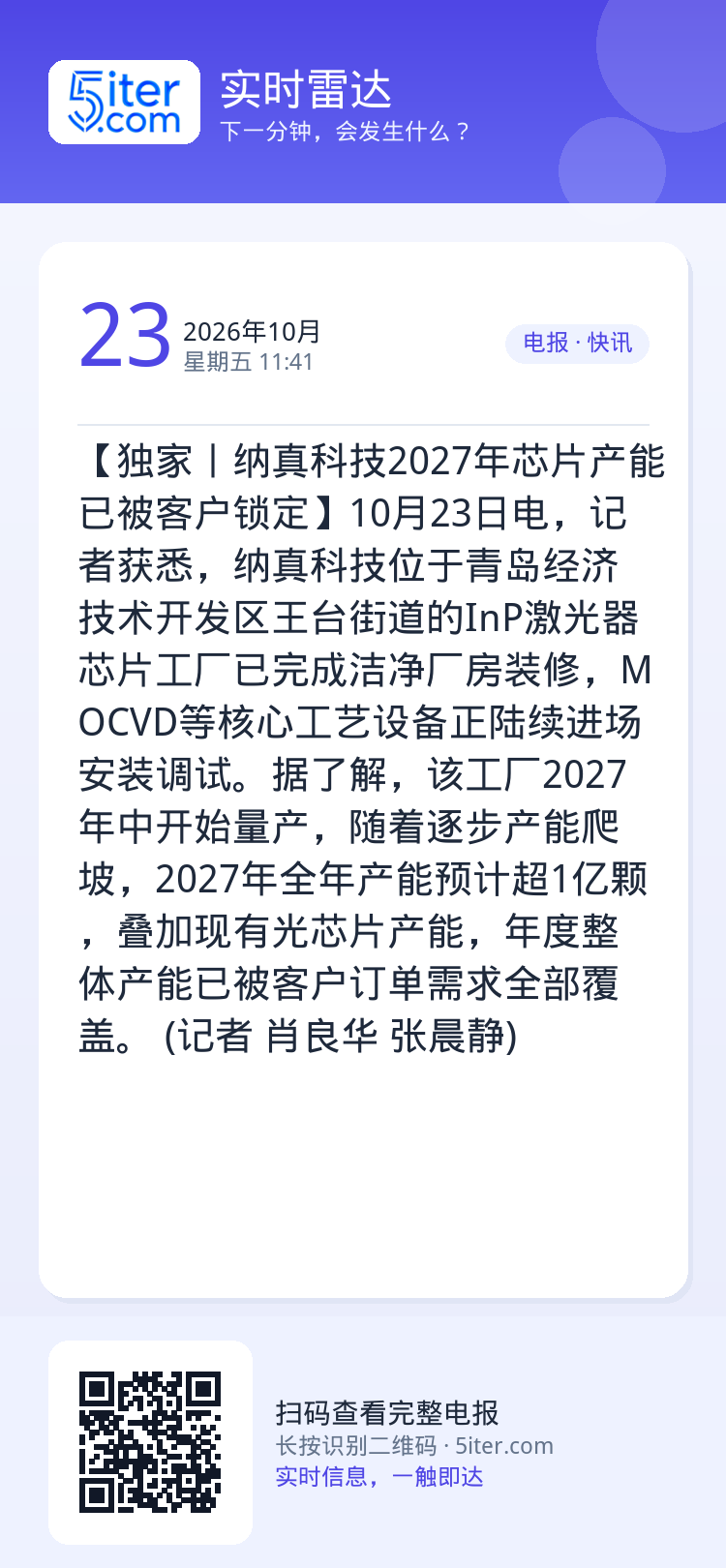 【独家丨纳真科技2027年芯片产能已被客户锁定】10月23日电，记者获悉，纳真科技位于青岛经济技术开发区王台街道的InP