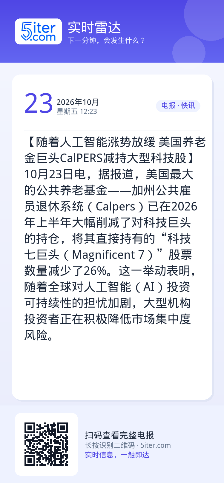 【随着人工智能涨势放缓 美国养老金巨头CalPERS减持大型科技股】10月23日电，据报道，美国最大的公共养老基金——加
