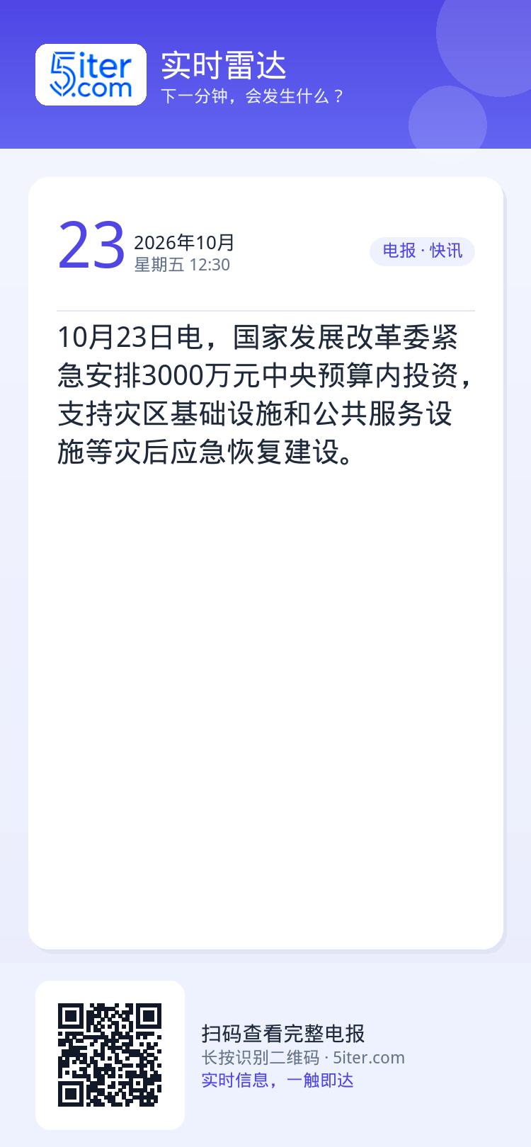 10月23日电，国家发展改革委紧急安排3000万元中央预算内投资，支持灾区基础设施和公共服务设施等灾后应急恢复建设。