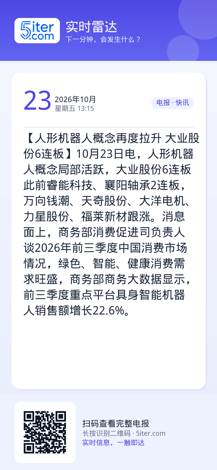 【人形机器人概念再度拉升 大业股份6连板】10月23日电，人形机器人概念局部活跃，大业股份6连板此前睿能科技、襄阳轴承2