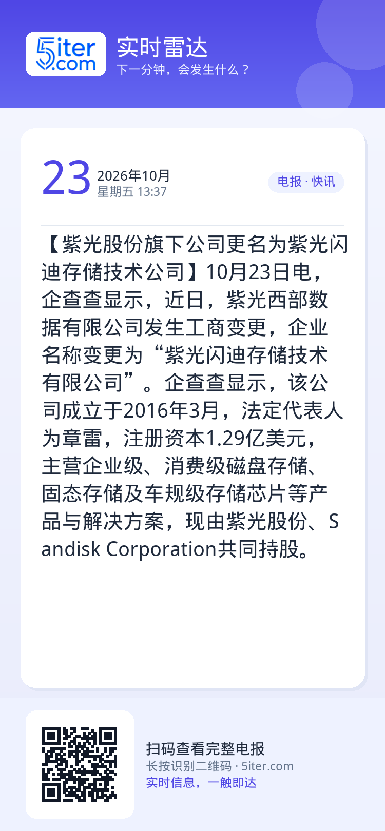 【紫光股份旗下公司更名为紫光闪迪存储技术公司】10月23日电，企查查显示，近日，紫光西部数据有限公司发生工商变更，企业名