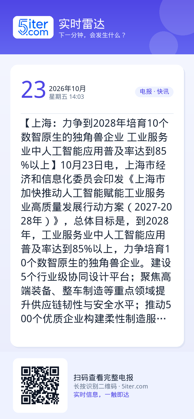 【上海：力争到2028年培育10个数智原生的独角兽企业 工业服务业中人工智能应用普及率达到85%以上】10月23日电，上