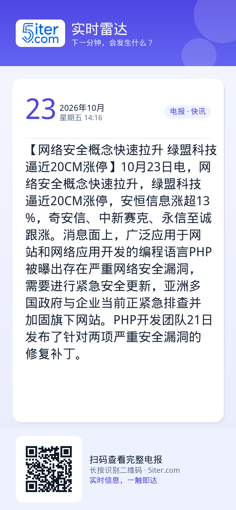 【网络安全概念快速拉升 绿盟科技逼近20CM涨停】10月23日电，网络安全概念快速拉升，绿盟科技逼近20CM涨停，安恒信