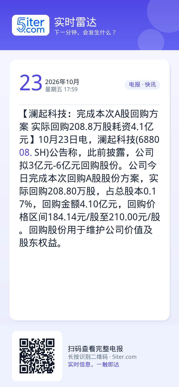 【澜起科技：完成本次A股回购方案 实际回购208.8万股耗资4.1亿元】10月23日电，澜起科技(688008.SH)公
