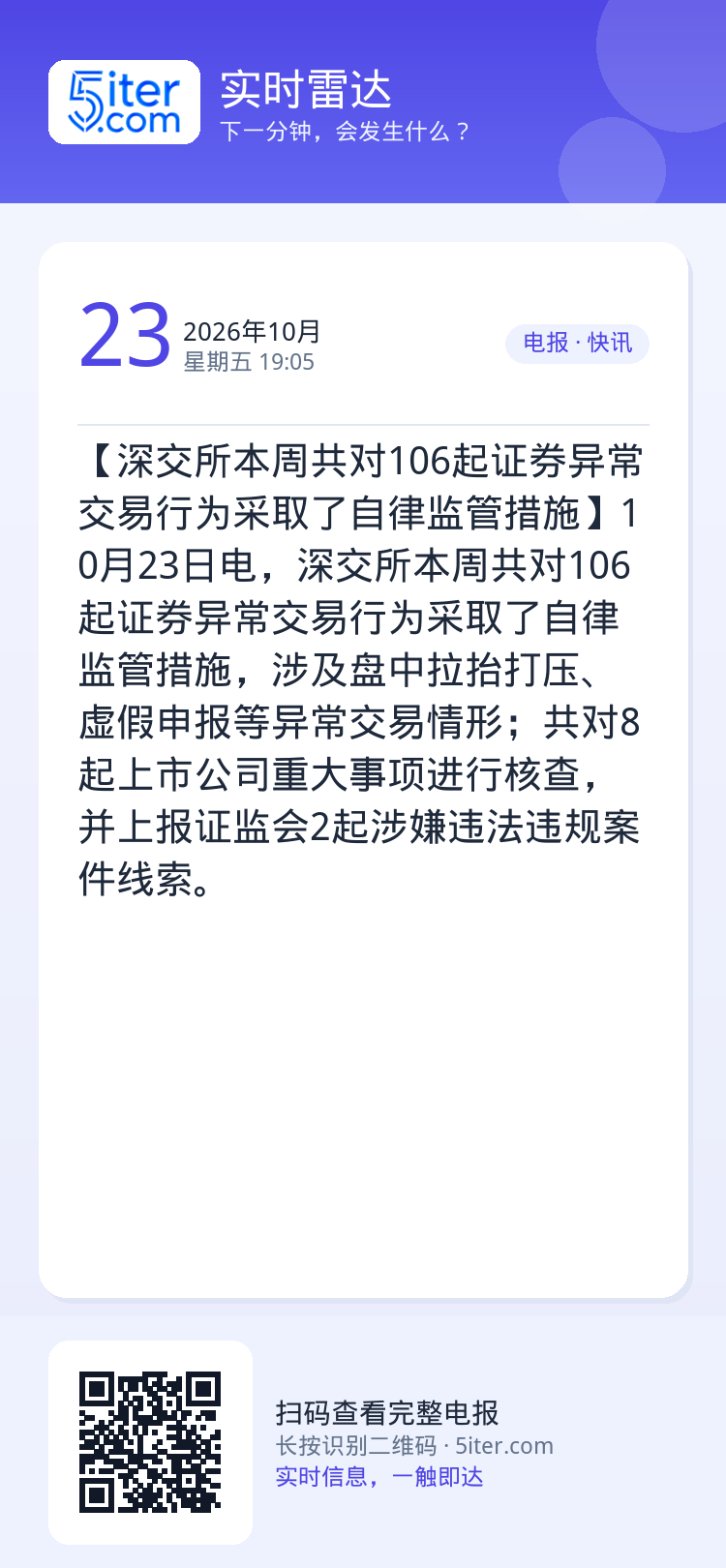 【深交所本周共对106起证券异常交易行为采取了自律监管措施】10月23日电，深交所本周共对106起证券异常交易行为采取了