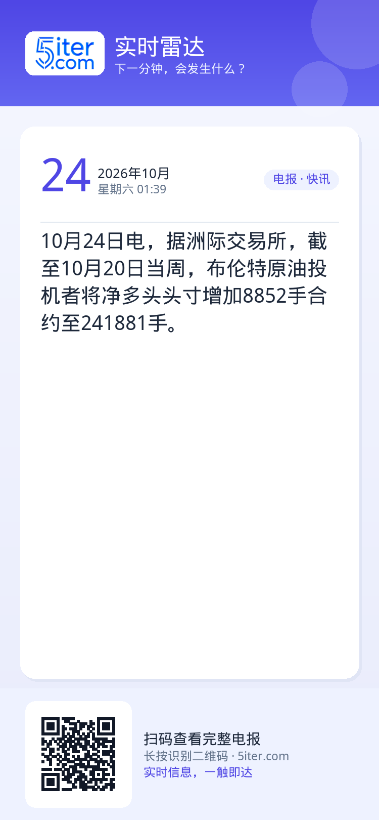 10月24日电，据洲际交易所，截至10月20日当周，布伦特原油投机者将净多头头寸增加8852手合约至241881手。