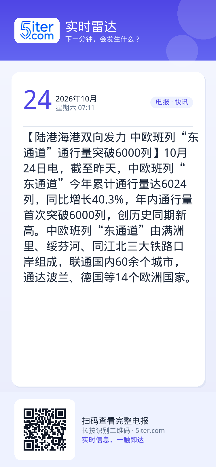 【陆港海港双向发力 中欧班列“东通道”通行量突破6000列】10月24日电，截至昨天，中欧班列“东通道”今年累计通行量达