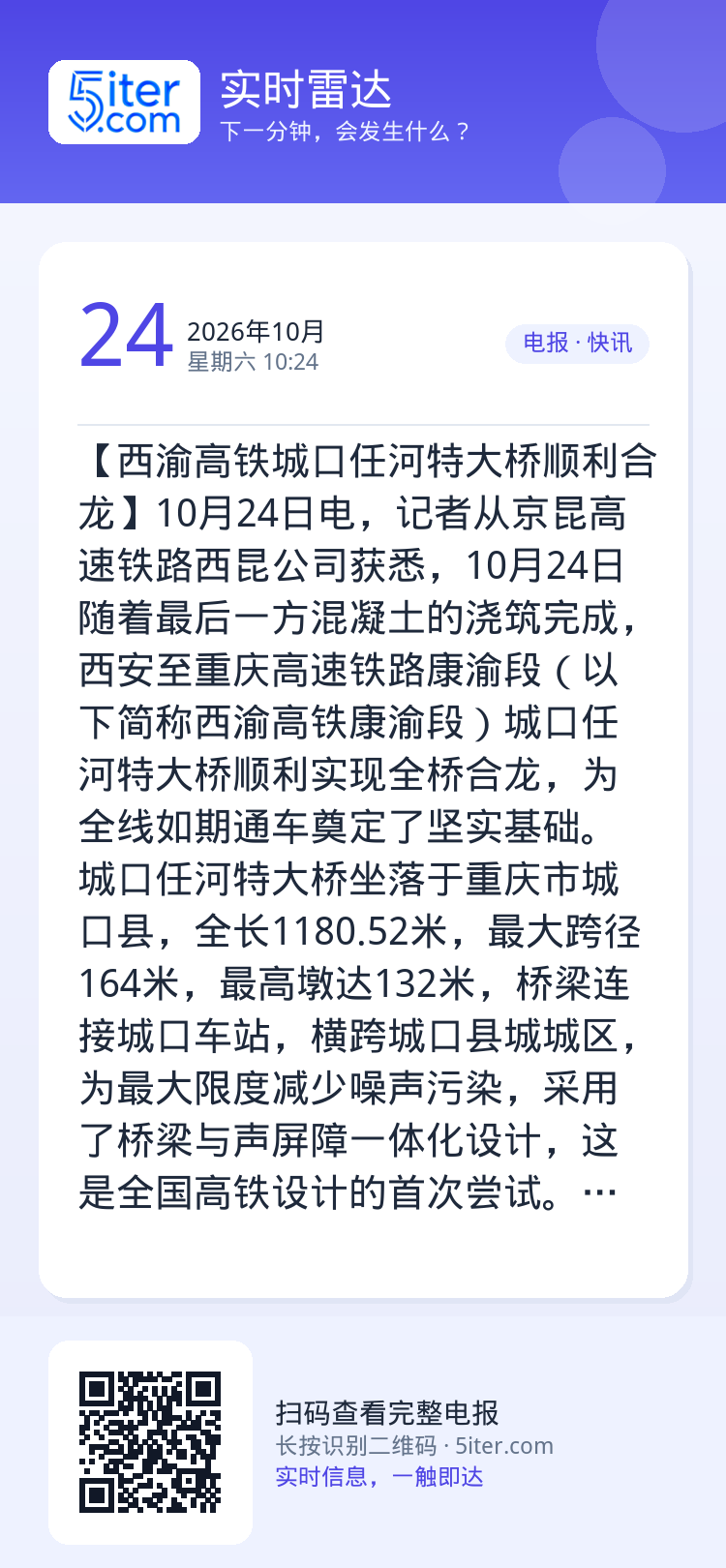 【西渝高铁城口任河特大桥顺利合龙】10月24日电，记者从京昆高速铁路西昆公司获悉，10月24日随着最后一方混凝土的浇筑完