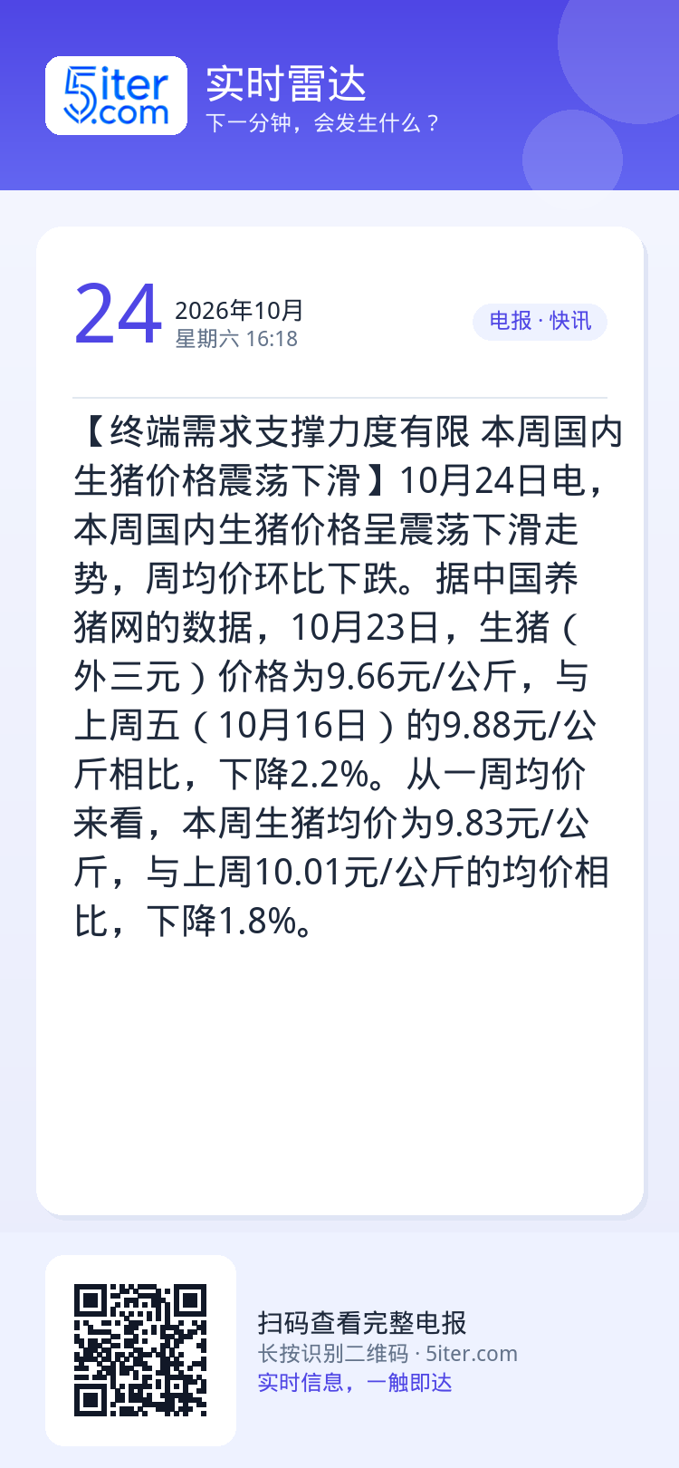 【终端需求支撑力度有限 本周国内生猪价格震荡下滑】10月24日电，本周国内生猪价格呈震荡下滑走势，周均价环比下跌。据中国