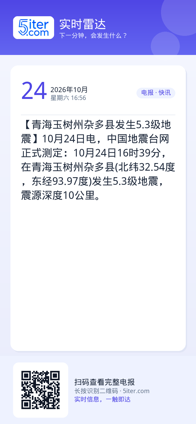 【青海玉树州杂多县发生5.3级地震】10月24日电，中国地震台网正式测定：10月24日16时39分，在青海玉树州杂多县(