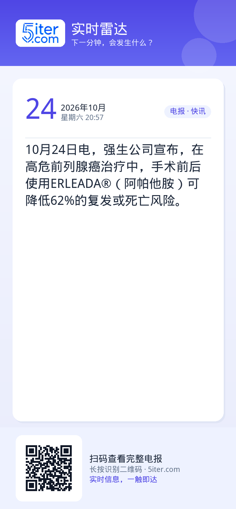 10月24日电，强生公司宣布，在高危前列腺癌治疗中，手术前后使用ERLEADA®（阿帕他胺）可降低62%的复发或死亡风险