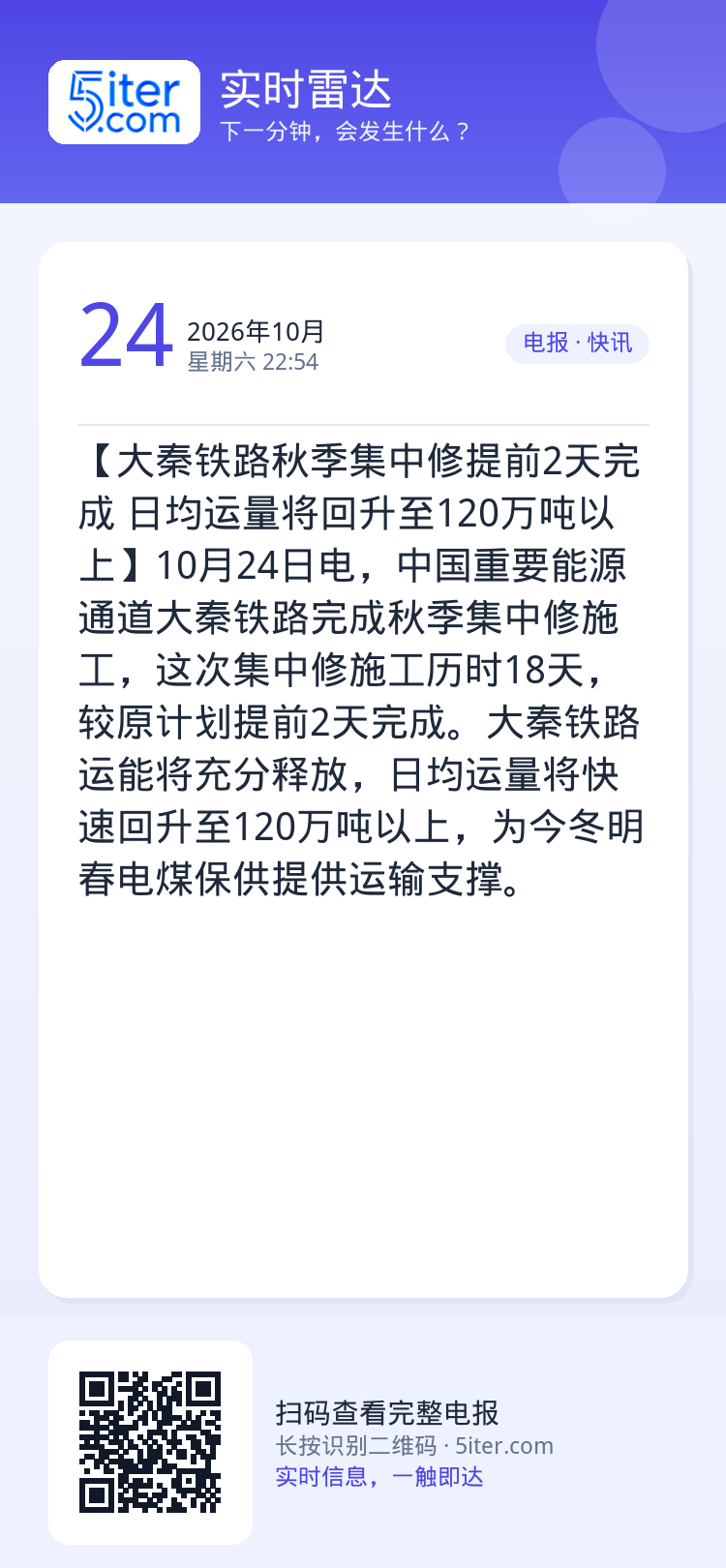 【大秦铁路秋季集中修提前2天完成 日均运量将回升至120万吨以上】10月24日电，中国重要能源通道大秦铁路完成秋季集中修