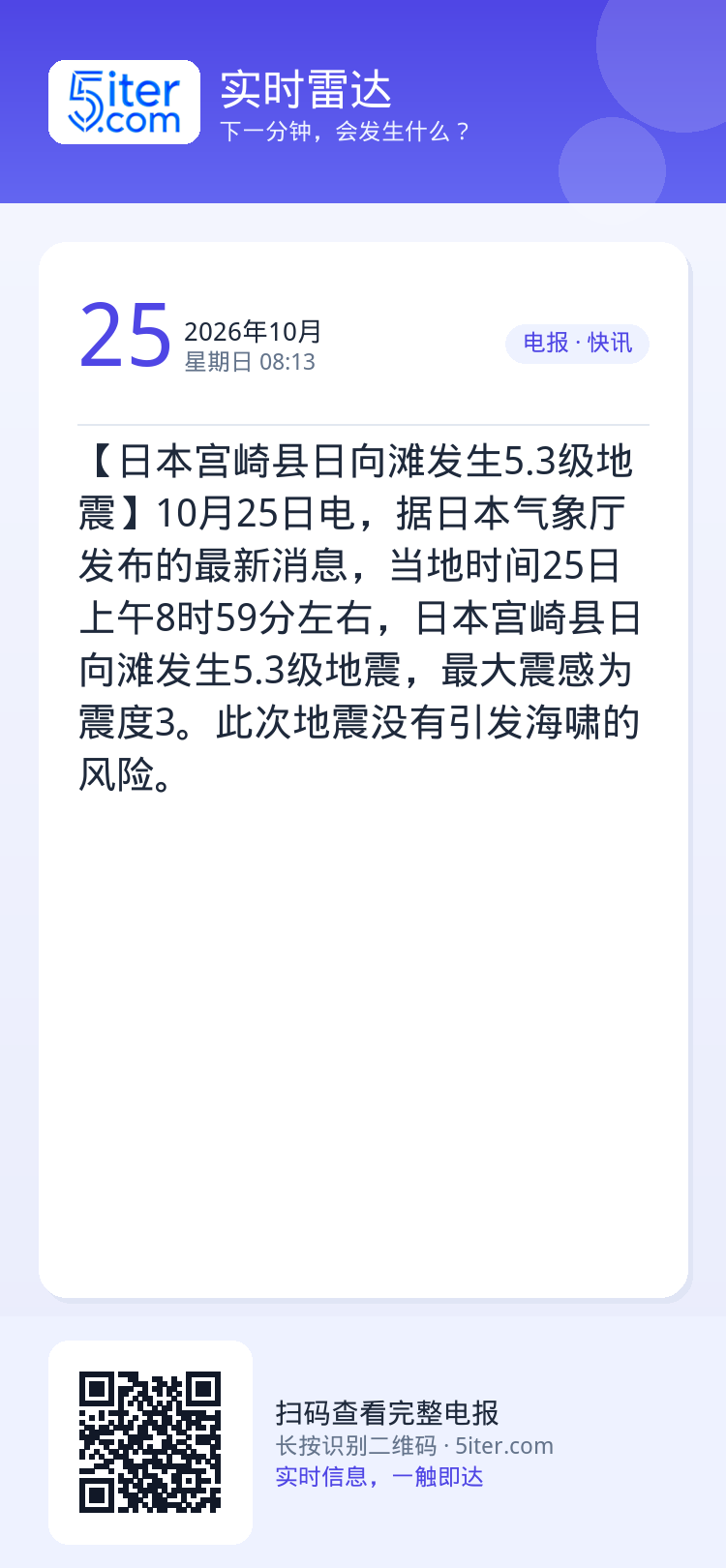 【日本宫崎县日向滩发生5.3级地震】10月25日电，据日本气象厅发布的最新消息，当地时间25日上午8时59分左右，日本宫