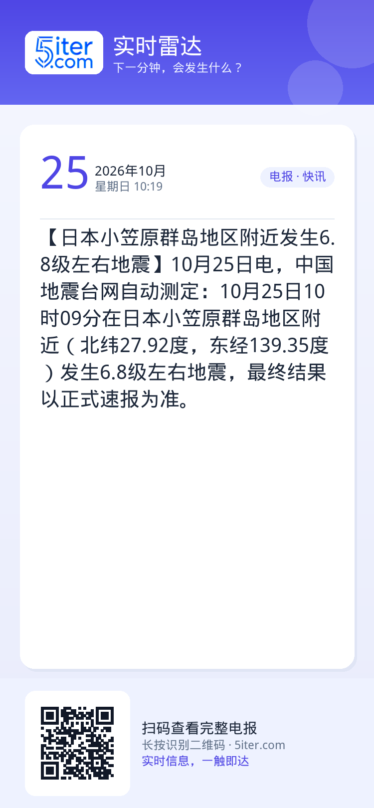 【日本小笠原群岛地区附近发生6.8级左右地震】10月25日电，中国地震台网自动测定：10月25日10时09分在日本小笠原