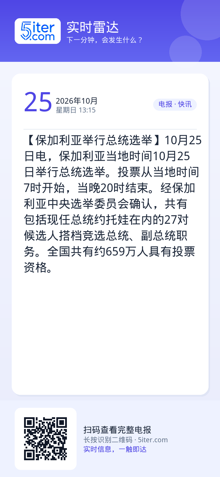 【保加利亚举行总统选举】10月25日电，保加利亚当地时间10月25日举行总统选举。投票从当地时间7时开始，当晚20时结束