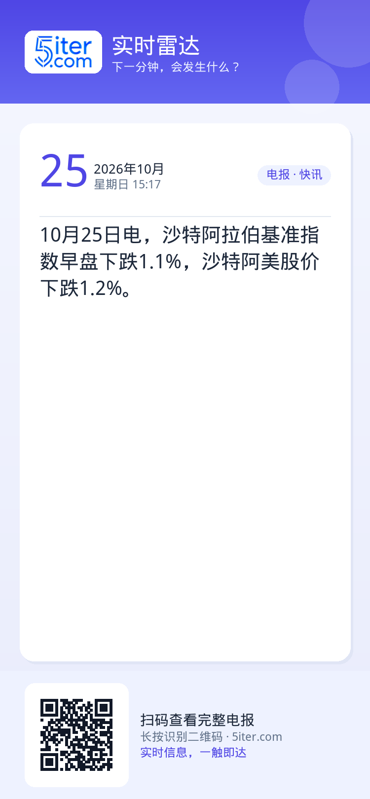 10月25日电，沙特阿拉伯基准指数早盘下跌1.1%，沙特阿美股价下跌1.2%。