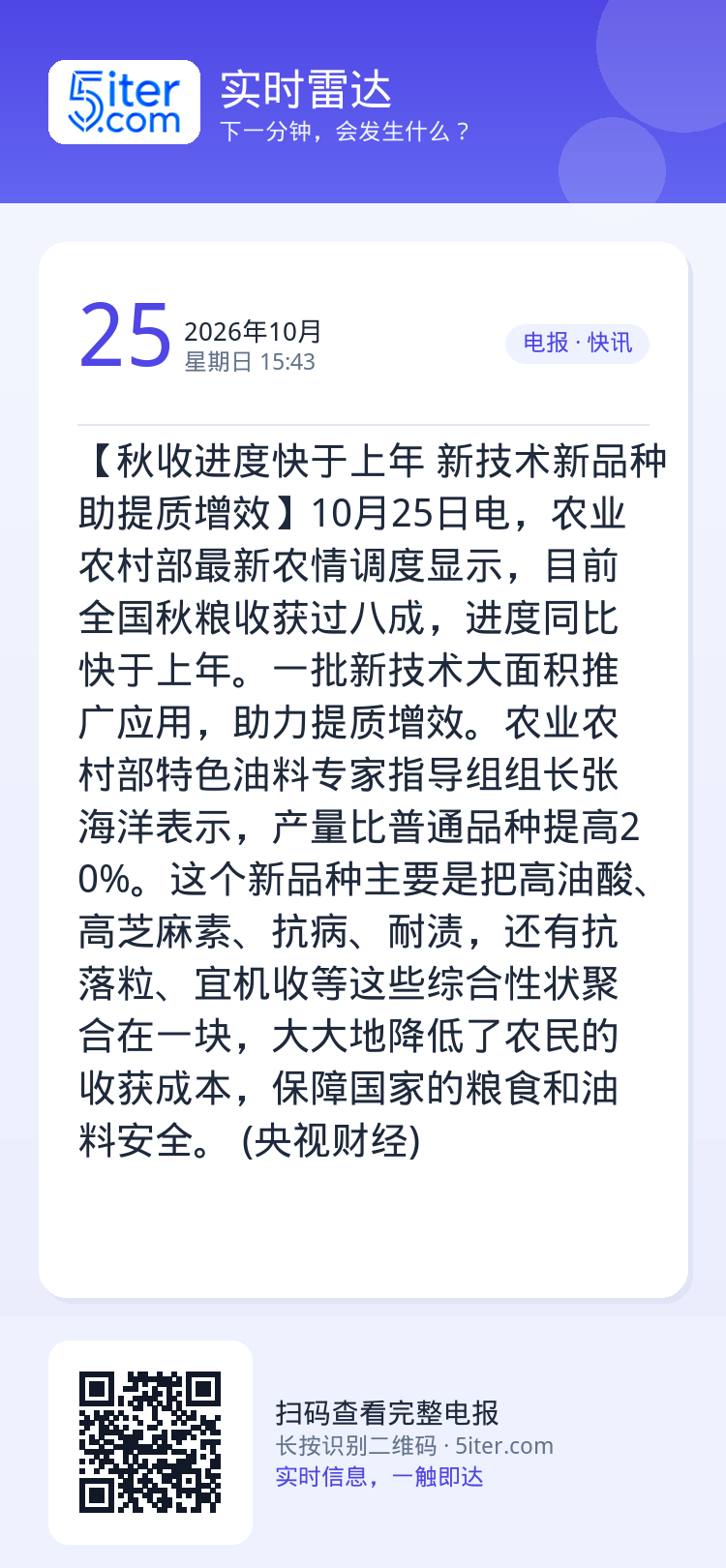 【秋收进度快于上年 新技术新品种助提质增效】10月25日电，农业农村部最新农情调度显示，目前全国秋粮收获过八成，进度同比