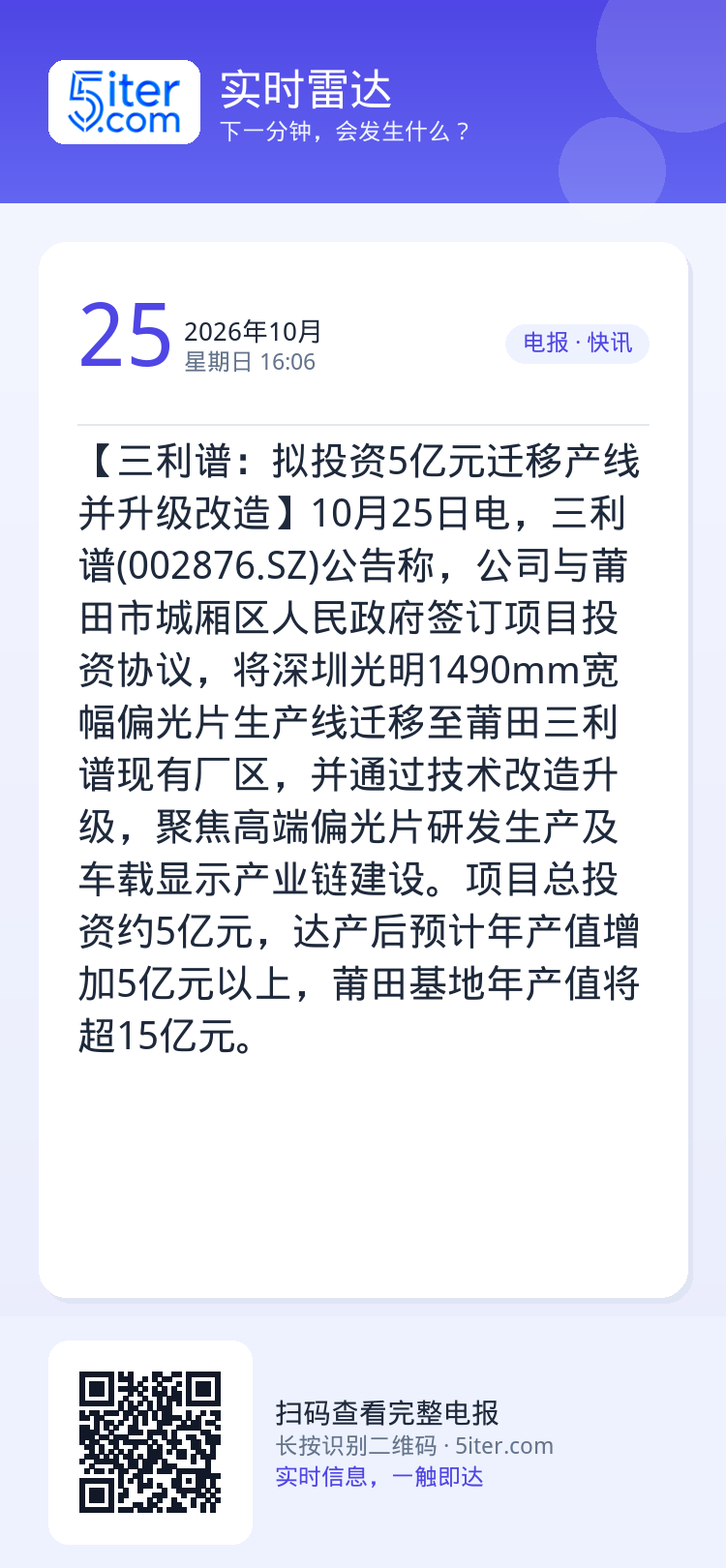 【三利谱：拟投资5亿元迁移产线并升级改造】10月25日电，三利谱(002876.SZ)公告称，公司与莆田市城厢区人民政府